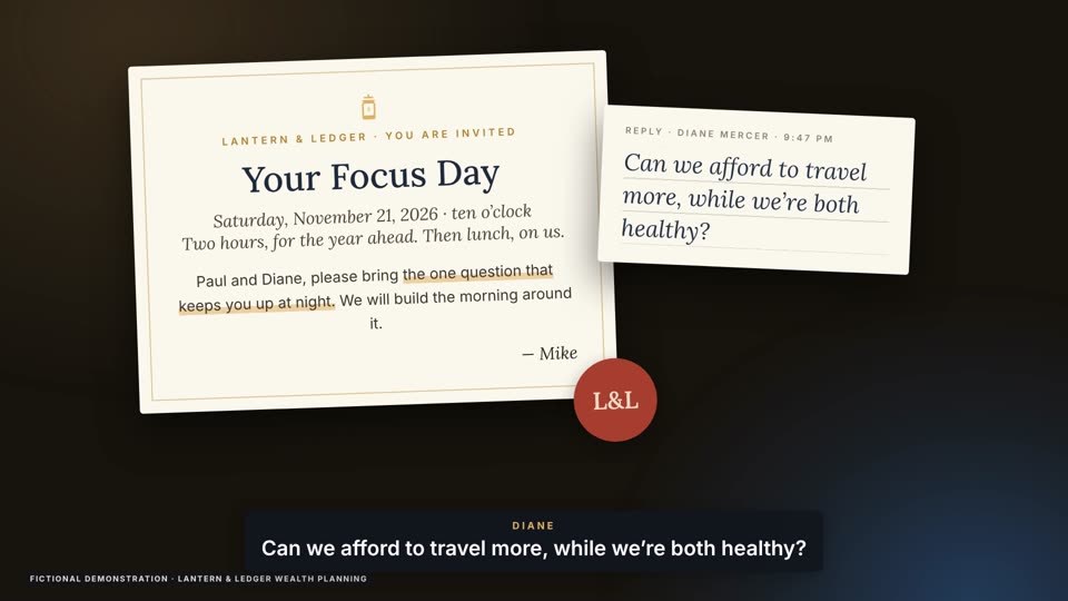 A Focus Day invitation from planner Mike to Paul and Diane Mercer, and Diane's reply: can we afford to travel more, while we're both healthy?